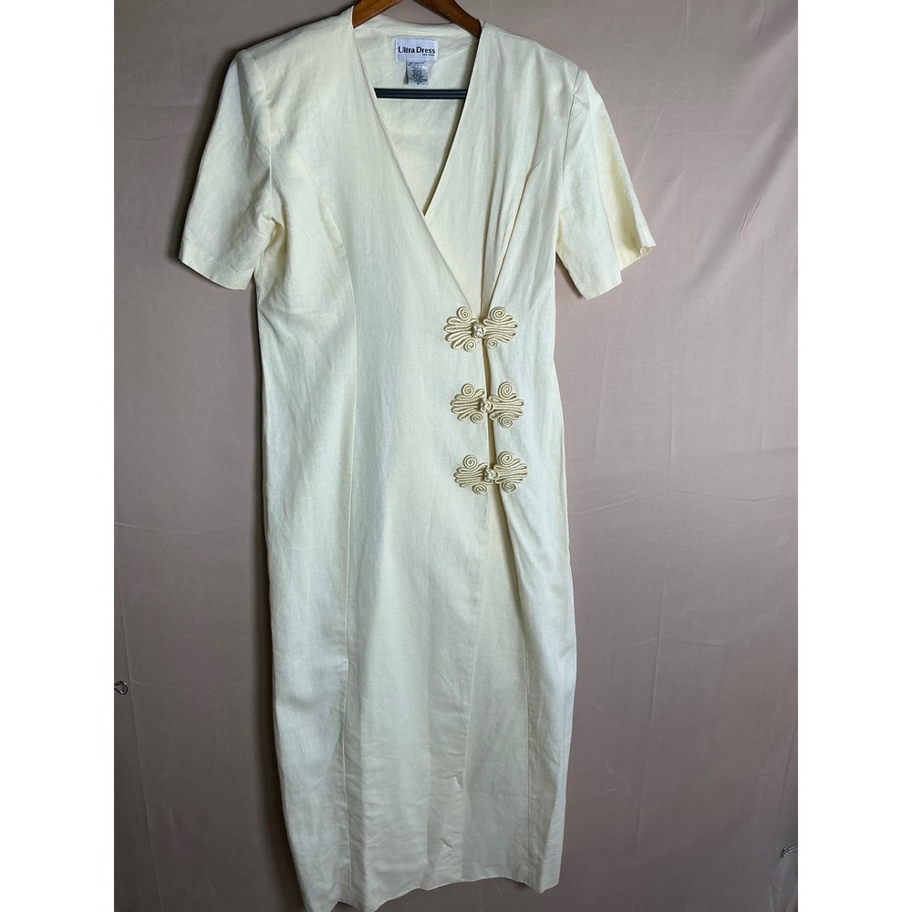 Ultra Dress New York Vintage Linen Blend Frog Closure Wrap Midi Dress Cream Sz 8 - Picture 3 of 10